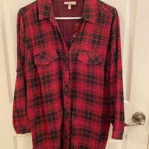 Hester & Orchard red and black plaid button down shirt.